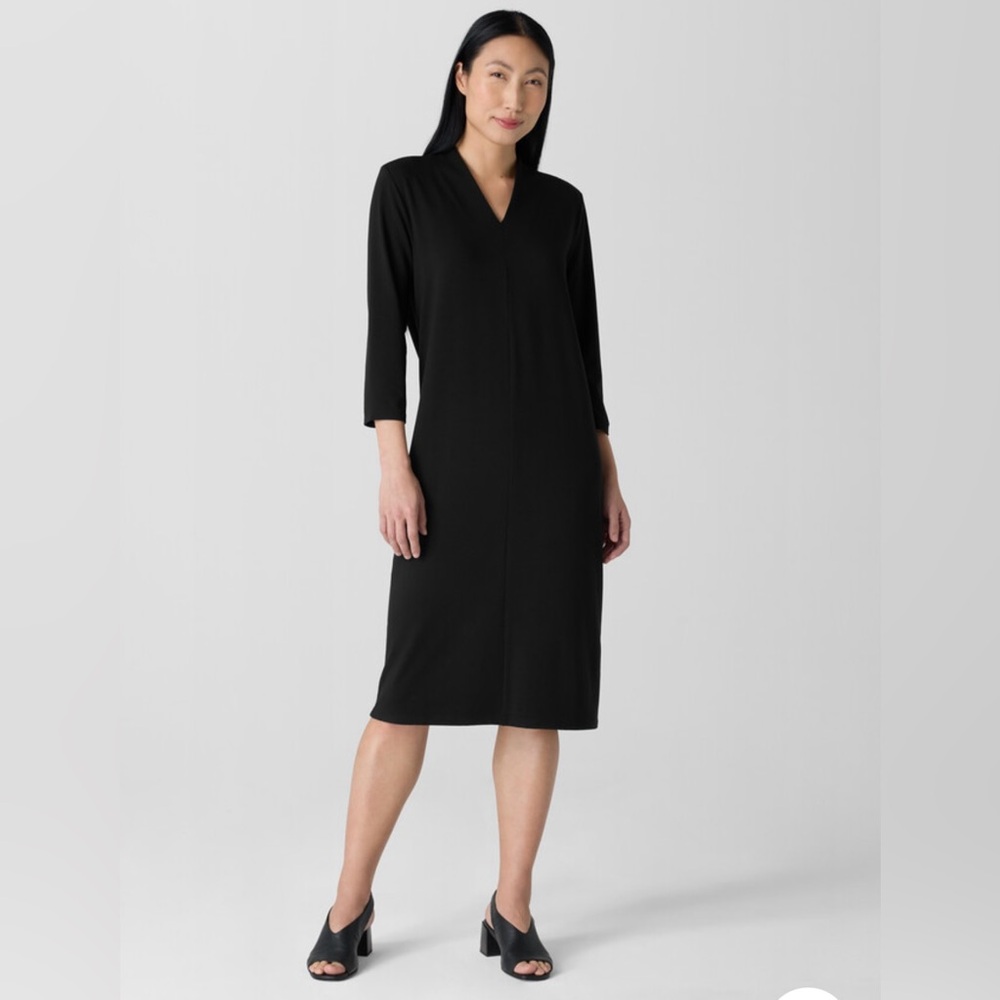 Eileen Fisher Stretch Jersey Knit Oval Dress in Black Size L. NWT